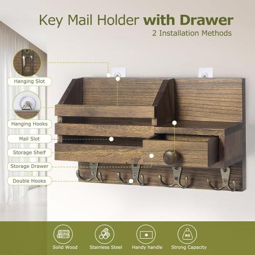 Key Holder Wall Mount, Wooden Adhesive Mail and Key Organizer with Drawer, Small Shelf, 8 Hooks, 2 Installation Methods, Brown