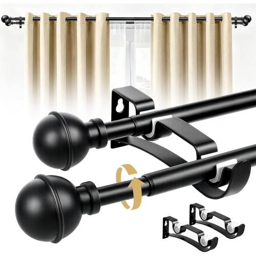Adjustable Double Curtain Rods for Windows Set 30 to 57 Inch, Black Curtains Rod with 2PCS Brackets, Small Extra Long 5/8 Diameter Blackout Cortineros Para Ventanas for Bedroom, Living Room