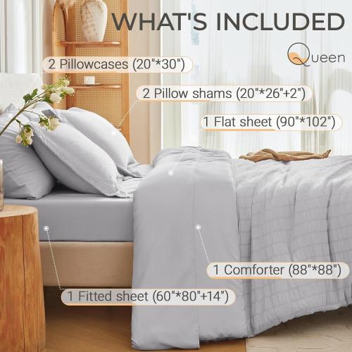 Light Grey Queen Size MUXHOMO 7 Pieces Queen Comforter Set, Seersucker Bed in a Bag Queen Size, All Season Luxury Bedding Set with Comforter, Flat Sheet, Fitted Sheet, Pillowcases & Shams, Light Grey
