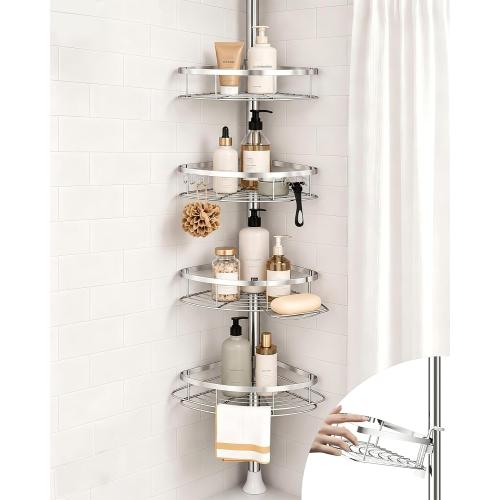 Rustproof Shower Corner Caddy Organizer for Bathroom, 4 Adjustable Shelves with Tension Pole, for Bathtub Shampoo Accessories Storage Holder, 34 to 116 Inch Height, Silver