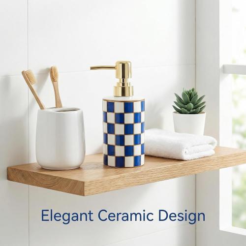 Blue and White Checkered Ceramic Soap Dispenser, Cute & Durable for Bathroom, Ideal Checkered Bathroom Decor