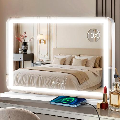 Vanity Mirror with Lights, Led Lighted Makeup Mirror with 3 Color Dimmable Lights, Touch Control, USB Charging Port, Gifts for Women Wife Teengirls