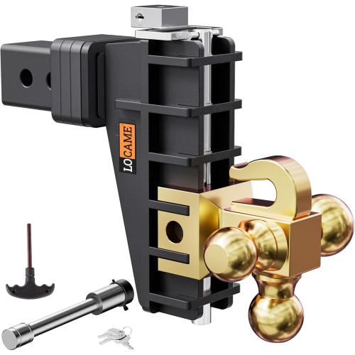 LOCAME Adjustable Trailer Hitch with Hook, Tri-Ball (1-7/8, 2, 2-5/16) Drop Hitch, Fits 2.5 Inch Receiver, 6 Drop Down Hitch, 18,500 LBS Heavy Duty Truck, Solid Ball Mount, Gold, LC0085