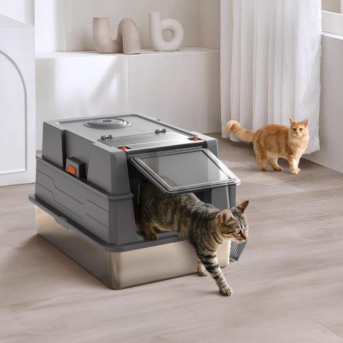 XXXL Stainless Steel Litter Box with Lid,28 L x 20.5 W x 16.5 H Extra Large Cat Litter Box Enclosure for Large and Multi-Cats Families,Non-Sticky, Anti-Leakage, Easy to Clean(Gray)