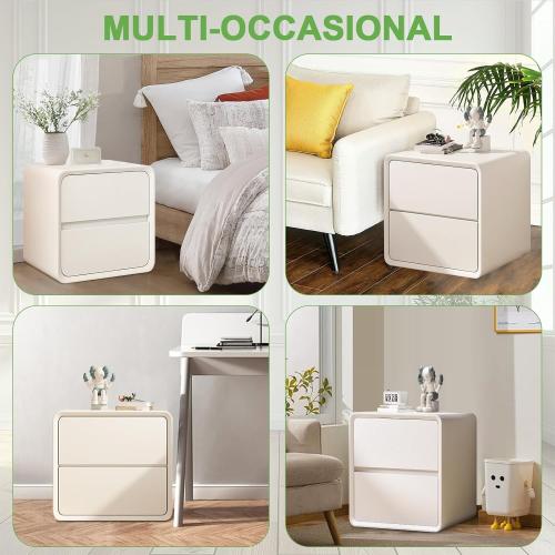 Minimalist Bedside Table with 2 Drawers,No-Leg Design,Night Stand Set of 2 Floor-Standing Bedside Tables Modern Leather Wrapped Storage Cabinet, Suitable for Living Room Bedroom(White) (45cm/W17.7in)