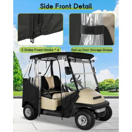 Golf Cart Enclosure 2 Passenger for Club Car Precedent Tempo Onward 2-Person Seaters 600D Waterproof Transparent Driving Rain Cover with 4-Sided Clear Windows Mirror Zipper Roll-Up Door Black