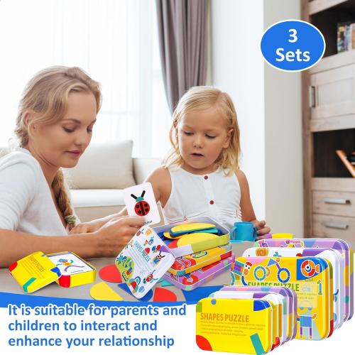 Libima 108 Pcs Open Ended Wooden Shape Puzzles with 180 Pcs Pattern Cards, Wooden Montessori Jigsaw Puzzles Toddlers 3  Years Old STEM Travel Games for Kids Preschool Education Activity Blocks