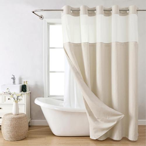 No Hooks Polyester Textured Shower Curtain with Snap-in Fabric Liner Set, Hotel Luxury Decor Shower Curtains for Bathroom with See Through Top Window, Waterproof & Washable,, Cream