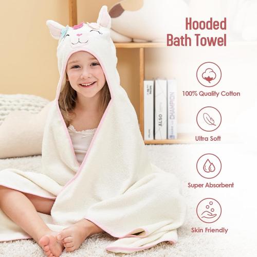 Style Quarters Baby Bath Towel - 100% Cotton Terry Soft Hooded Towel Cartoon Alpaca Baby Beach Towels Super Absorbent Large Embroidery Kids Hooded Bath Toddler Towel with 50x30(Milky White Alpaca)