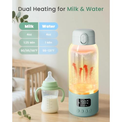 Portable Bottle Warmer Extended Battery Life - Dual Heating Modes for Breast Milk & Water, 17 Ounces, Fast Heating, Ideal for Travel, Outdoor, Baby Shower, Green