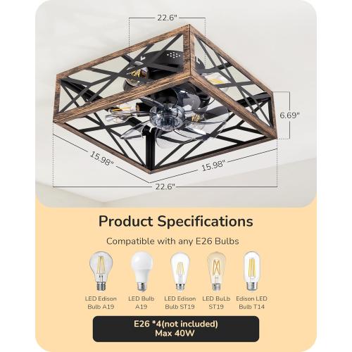 EDISHINE Caged Ceiling Fans with Lights Flush Mount, Rustic Square Low Profile Enclosed Fan Ceiling with Remote, 2/4 H Timer, Reversible 6 Speed, Farmhouse Small Fan for Bedroom, Kitchen, Dining Room