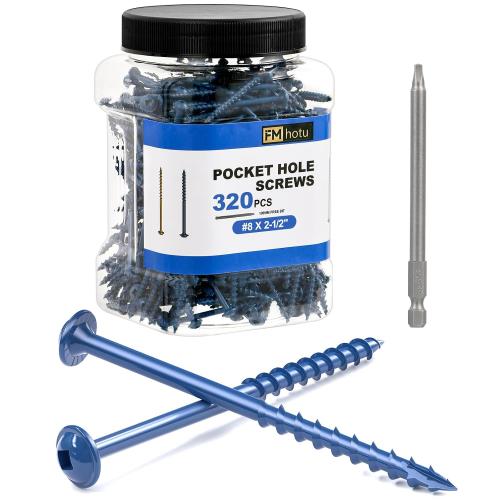 #8 Pocket Hole Screws 2-1/2 Inch, 320Pcs Coarse Thread Wood Screws, Square Drive, Washer Head, 4-Layer Coating, Drive Bit Included (Blue)