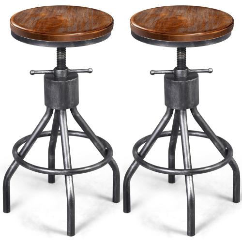 LOKKHAN Set of 2 Industrial Bar Stool-Vintage Adjustable Round Wood Metal Swivel Bar Stool-Cast Iron-23-30 Inch Tall Counter Bar Height Farmhouse Kitchen Stools