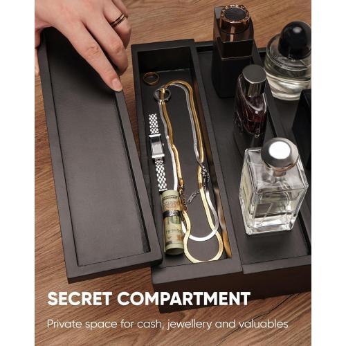 Cologne Organizer for Men, 3 Tier Wooden Cologne Stand with Drawer Storage and Hidden Compartment, Perfume Display Holder for Dresser, Great Gifts for Men and Women Valentine, Black