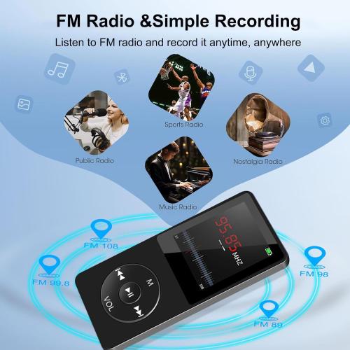 MP3 Player with Bluetooth 5.0, 1.8 inch Screen Portable Music Player with HD Speaker, HiFi Music Supports FM Radio, Voice Recorder, Supports Expanded Up to 128GB(Black, 32GB)