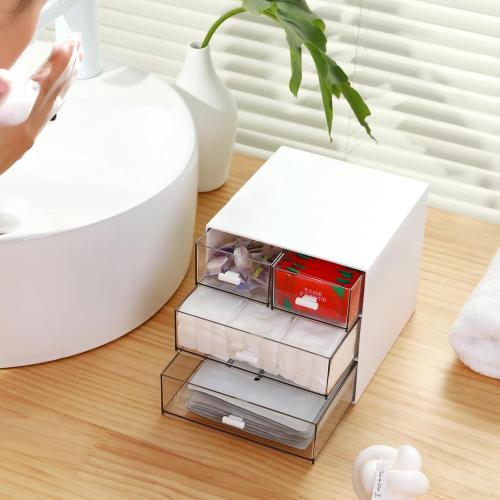 Makeup Organizer with 4 Drawers, Desk Organizer, Cosmetics Storage Box for nail polish, Lipstick, Brushes, Jewelry, Skincare, Bathroom Organization Boxes - White