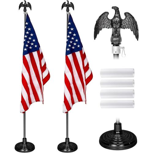 Shimeyao 2 Pack 8 ft Indoor Flag Pole Set with Base and Eagle Topper Telescoping Heavy Duty Flagpole with Stand Holder for Office Hall City, American Flag Not Included(Black,Aluminum)