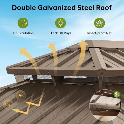 10x12FT Hardtop Gazebo Brown | Permanent Outdoor Pergola with Double Galvanized Steel Roof and Curtains and Netting for Backyard, Patio, Lawn and Garden