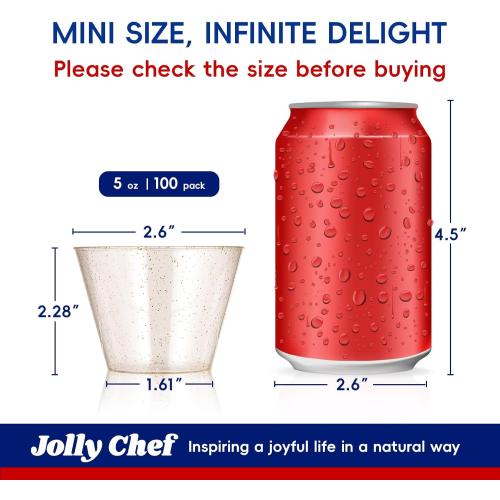 JOLLY CHEF 5 oz 100 Pack Small Glitter Disposable Cups, Glitter Plastic Cups, Disposable Plastic Shot Glasses Perfect for Parties Halloween Thanksgiving Christmas