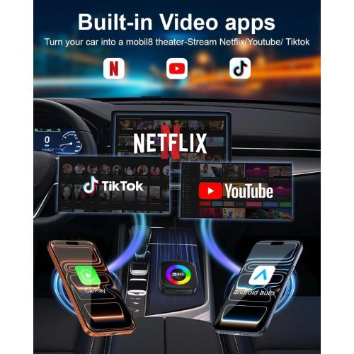Wireless Carplay Adapter for iPhone Ai Box with Netflix/YouTube Supports TF/Card Dongle Plug and Play Easy Setup Carplay & Android Auto Video Entertainment for iOS 10  and Cars After 2015 Car