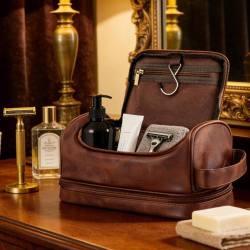 Laser-Engraved Initial Mens Toiletry Travel Bag, Corporate Gifts for Clients Boss Colleague Employee Appreciation Gifts Birthday Party Favor Waterproof Shaving Bag for Men (Reddish Brown S)