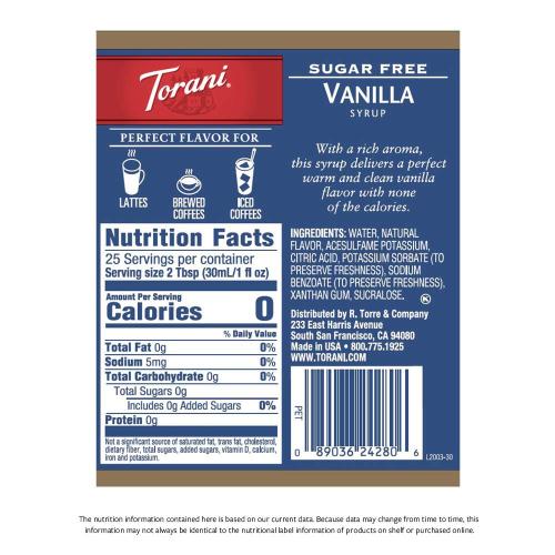 Torani Sugar Free Syrup, Vanilla, 12.7 FL. OZ. Ounce 375 ML PET BOTTLES (Pack of 4)
