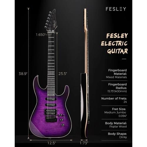 Fesley Electric Guitar, Full Size Solid Body Electric Guitar Beginner Kit, 6 String Guitar with HSS Pickups &24 Frets, Poplar Body Flame Maple Top Maple Neck With Gig Bag, Cable, Strap, FDK800, Purple