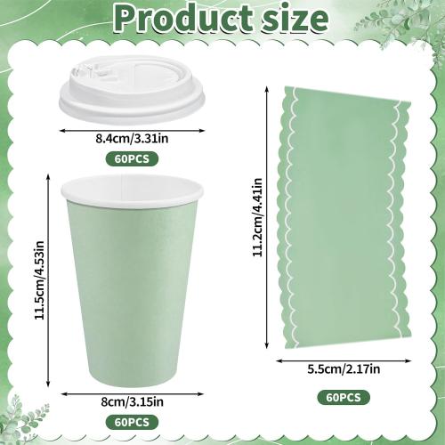 60 Pack Sage Green Coffee Cups with Lids Sleeves, 12oz Insulated To Go Paper Cups Sage Green Party Cups Disposable Paper Cups, Drinking Cups for Wedding Birthday Baby Shower Party Supplies
