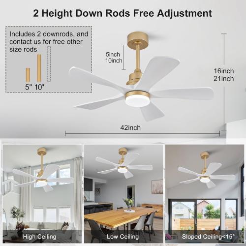 BOJUE 42 Inch Ceiling Fans with Lights and Remote Control, White Gold Ceiling Fan with Light for Bedroom, Noiseless DC Motor, Dimmable Led 5 Solid Wood Blades