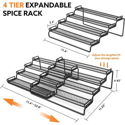 2 Pack Spice Rack Organizer for Cabinet, 4 Tier Expandable Seasoning Organizer Shelf, Spice Holder with Protection Railing, Metal, Black