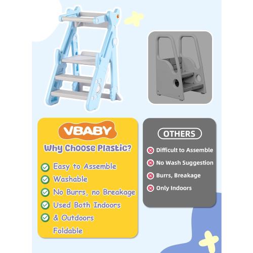 VBABY Foldable Toddler Tower, Plastic Kitchen Stool Helper for Kids, Adjustable Height Standing Tower, Certified Toddler Step Stool, Blue