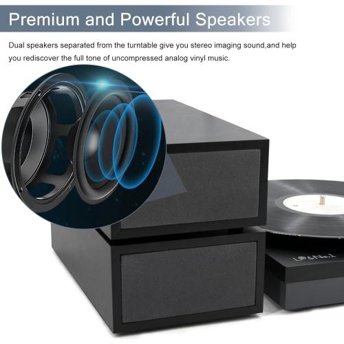 Vinyl Record Player with Stereo Bookshelf Speakers, 3-Speed Belt-Drive Turntable, Modern Vinyl LP Player with Wireless Playback, Auto Stop, RCA Output | Black Leather