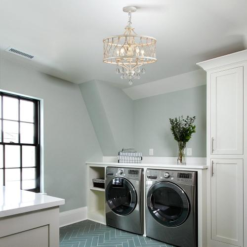 Modern Crystal Chandelier, 5-Light Farmhouse White Chandelier for Dining Room Vintage Hanging Pendant Light Fixtures Round Chandelier for Kitchen Island Entryway Foyer Bedroom Office Bar