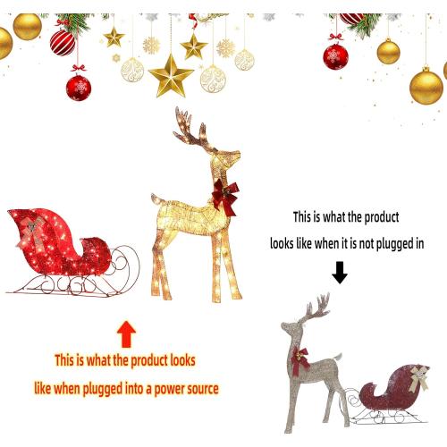 Light up Christmas Decor Deer Set, Lighted Christmas Deer Decorations & Sleigh 2 Pcs for Indoor Home Outdoor Front Yard Porch with 160 LED Lights, Ground Stakes,Cable, Gold &red Sleigh