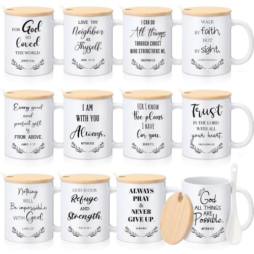 12 Sets Christian Gifts Bulk Religious Mugs 12oz Bible Verses Ceramic Coffee Cup with Lid Handle Spoon Inspirational Mug Church Gift for Coworker Employee Staff(Christian)