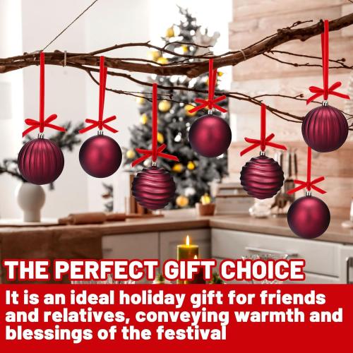 12 Set Burgundy Ball Ornaments for Christmas Tree Velvet Bows Xmas Tree Ball Neutral Hanging Decoration for Festival Holiday Party Wreath Home(3.15 Inch)