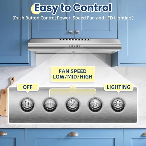24 inch Range Hood Under Cabinet, Stainless Steel Range Hood 280CFM, Slim Kitchen Stove Hood w/Push Button, Ducted/Ductless Convertible, 3 Speeds Exhaust Fan, LED Light and Carbon Filter