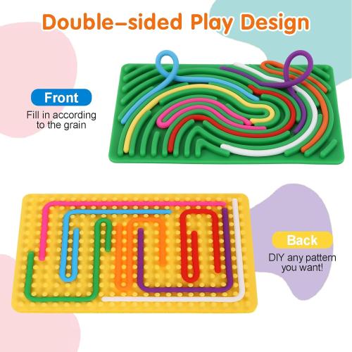 2pcs Sensory Activity Board, Double-Sided Silicone Fidget Toys for Kids 3  & Adults, Sensory Toys for Anxiety, ADHD, Autism, Calming, Includes Travel Bag & 20 Strings, Yellow & Green