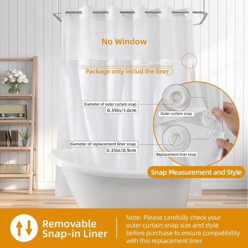 eachope 1 Pack Fabric Snap-in Shower Curtain Liner Replacement,Compatible with No Hook Shower Curtain with Snap in Liner, Removable & Water-Repellent,Machine Washable,70x54,White