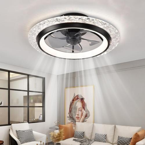 Black KINDLOV Modern Ceiling Fans with Lights, 19.7 Flush Mount Ceiling Fan with Dimmable Light and Remote,6-Speed Wind for Bedroom,Living Room,Low Profile Ceiling Fan with Light,Black