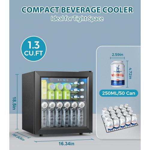 50 Cans Beverage Refrigerator Cooler, 1.3 Cu.ft Mini Fridge Countertop Drink Cooler with Glass Door for Beer, Soda,Wine, Adjustable Digital Temperature Control for Home Dorm Bar, Black