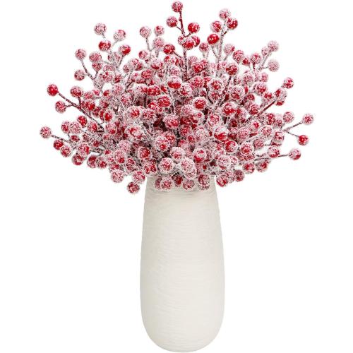 24Pcs Artificial Berry Picks Snow Sprays Christmas Frosted Holly Berry Stems Twigs Winter Branches for Christmas Tree Fillers Decor Holiday Arrangement Wreaths Garland Crafts DIY Ornaments (Red)