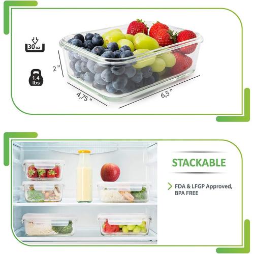 Clear 5 Pack PrepNaturals 5 Pack 30 Oz Glass Meal Prep Containers - Dishwasher Microwave Freezer Oven Safe - Glass Storage Containers with Lids (Multi-Compartment)