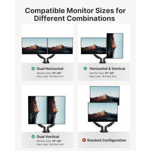 HUANUO Dual Monitor Stand - Full Adjustable Monitor Desk Mount Swivel Vesa Bracket with C Clamp, Grommet Mounting Base for 13 to 32 Inch Computer Screens - Each Arm Holds 4.4 to 19.8lbs