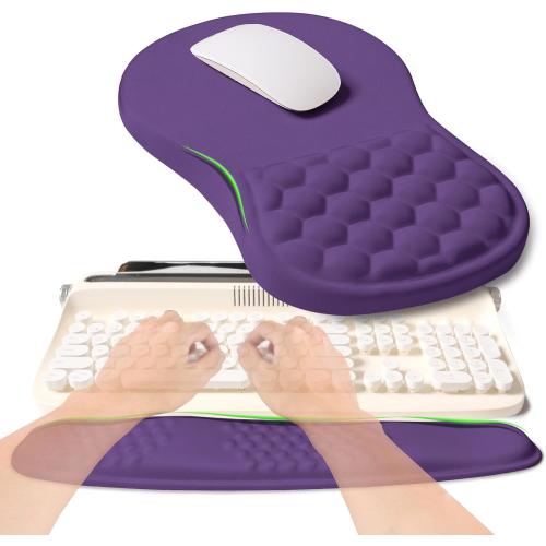 2-in-1 Ergonomic Set, Wave Rise Keyboard Wrist Rest and Massage Bulge Slope Mouse Pad Wrist Support, Cushion Memory Foam Integrated to Relieve Wrist Pain, Dark Purple