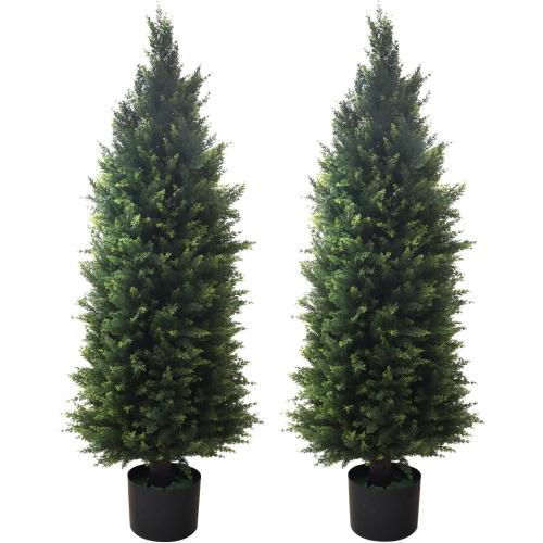 Artificial Topiary Tree 2-Set - Beautiful Realistic Faux Cedar Pines, 4 Feet Tall, UV Protection for Longer Life, 6 Wide Heavy Duty Pots for Outdoor & Indoor Decor