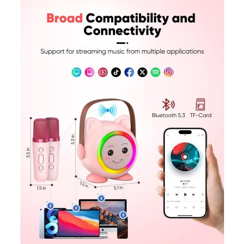 Mini Karaoke Machine Toy for Kids, Portable Karaoke Machine with 2 Wireless Microphone for 4,5,6,7,8,9,10,11,12  Years Old Christmas Birthday Gifts Girls Boys (Pink)