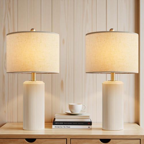 Ceramic Table Lamp Set of 2, 23 Inch 3-Level Dimmable Bedside Lamps with Linen Shade, Farmhouse Nightstand Lamps for Bedroom Living Room, Rustic White Desk Lamp, LED Bulb Included