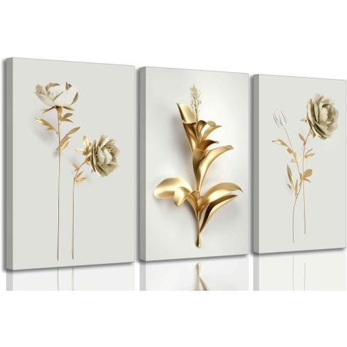 3Pcs Abstract Golden Flower Canvas Wall Art Modern Luxury Minimalism Nordic Floral Plant Painting Picture Wall Decor Poster Print Artwork for Living Room Bedroom Home Decoration