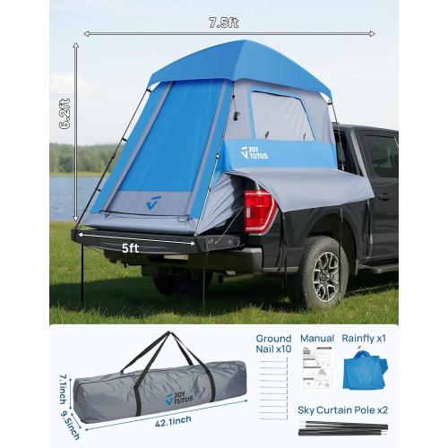 JOYTUTUS Automatic Truck Tent, Easy Set-up, Portable Truck Bed Tent 5.5FT-6.5FT with Rainfly, Truck Camping Tent with Waterproof PU2000mm Double Layer for 2 Person
